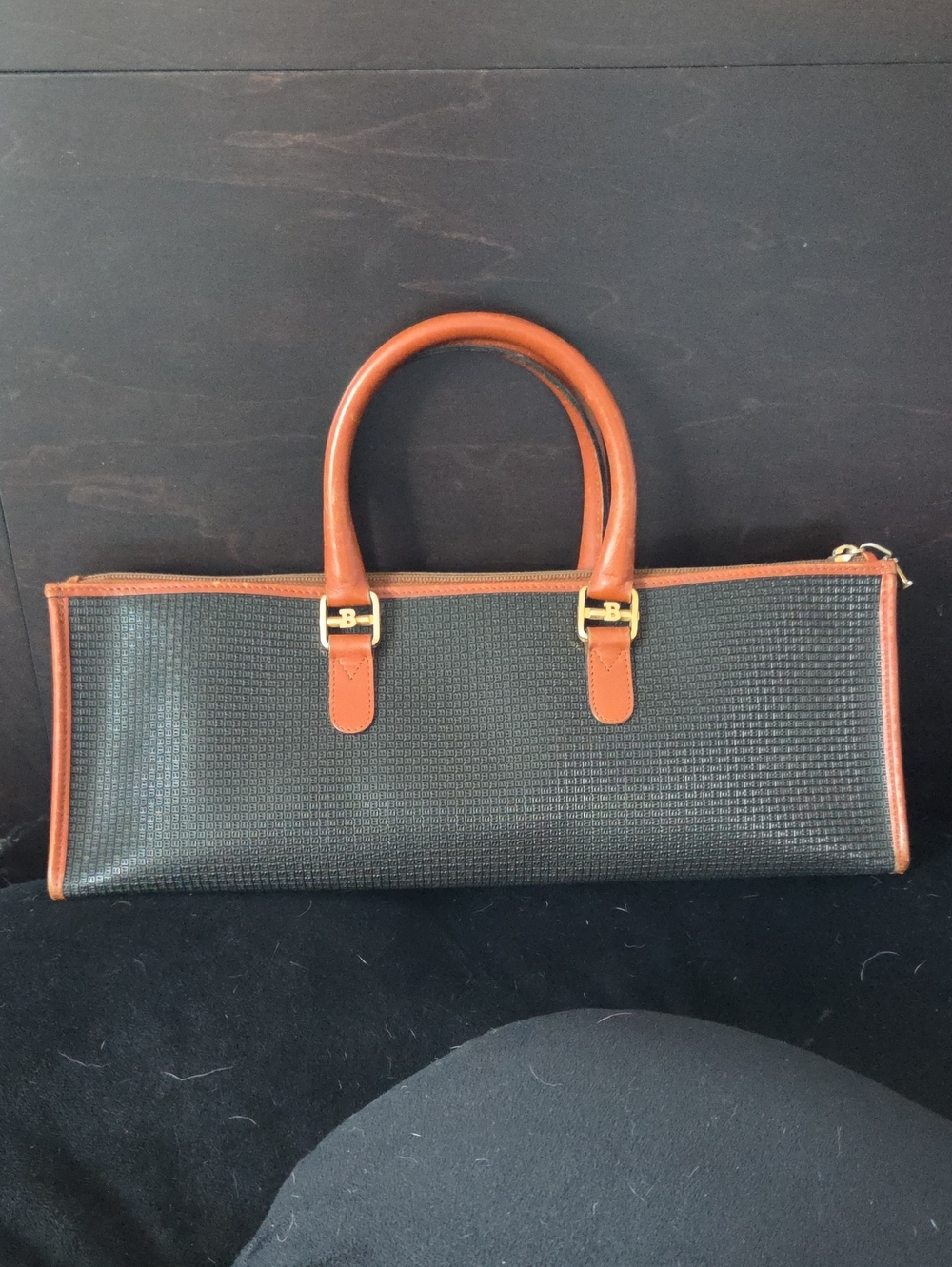 Bally All-Over Embossed "B" Logo Leather Horizontal Baguette Bag - Black & Brown